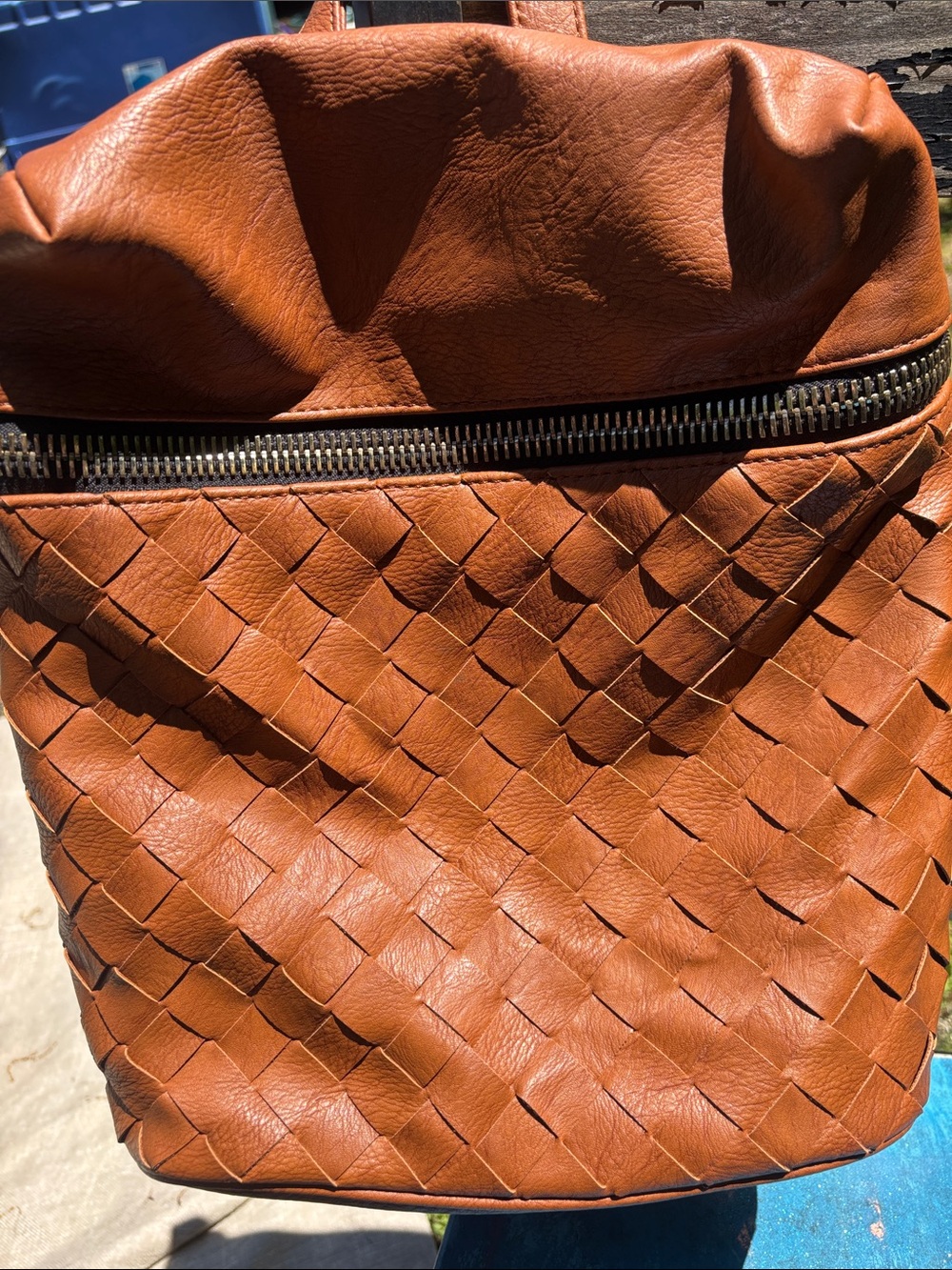Madison West Woven Leather Backpack in Cognac Brown